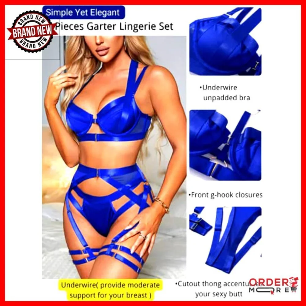 Adjustable Strappy Harness Lingerie Set, Underwire Racerback, 4pc Garter